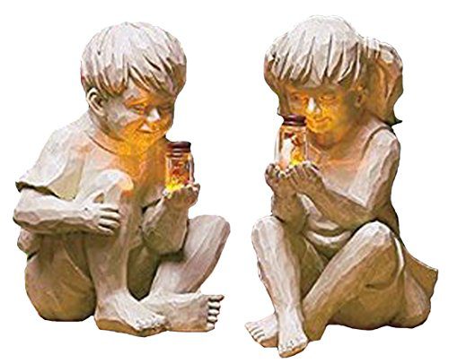 Garden Children Solar Lighted Firefly Jar Boy Girl Statue