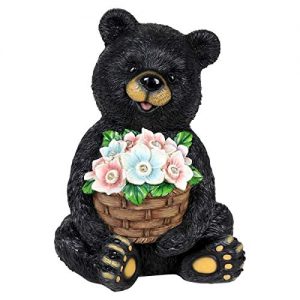 Exhart Solar Black Bear Holding a Flower Basket Garden Statue