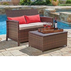 SUNCROWN Outdoor Furniture 2-Piece Patio Wicker Love-seat with Coffee Table Set, All-Weather Cushions and Built-in Storage Bin