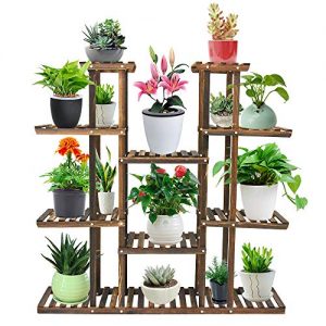 Seeutek 9 Tier Wood Plant Stand Carbonized 17 Potted Flower Pots Organizer