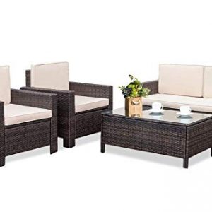 Outdoor Patio Furniture Set, 4pcs Rattan Wicker Sofa Garden Conversation Set