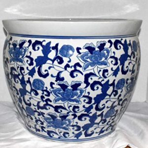 New 16" Oriental Blue and White Asian Flowers Floral Fish Bowl Jardiniere Planter