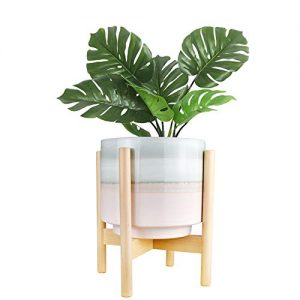 10" Plant Pot and Wood Plant Stand Indoor, Mid Century Modern Large Ceramic