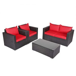 Kinbor 4 PCs Rattan Patio Outdoor Furniture Set Garden Lawn Sofa Sectional Set