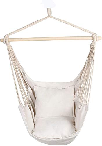 BCGI Hanging Rope Hammock Chair Swing Seat, Large Brazilian Hammock Porch Chair with 2 Seat Cushions Included for Yard, Bedroom, Patio, Porch, Indoor, Outdoor Max 260 Lbs (1-White)