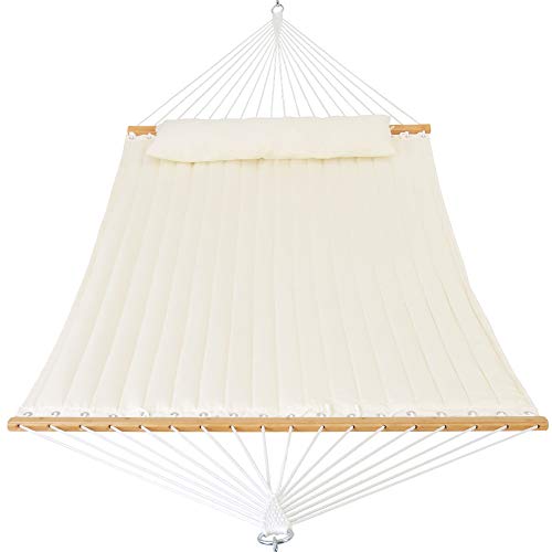 Patio Watcher 11 Feet Quilted Fabric Hammock with Pillow Double 2 Person Hammock with Bamboo Spreader Bars, Perfect for Outdoor Patio Yard White