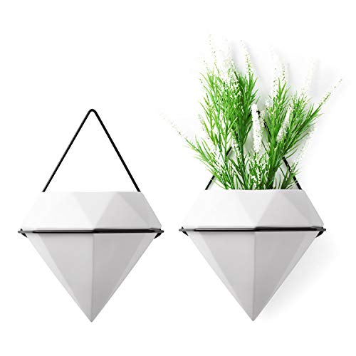 T4U Diamond Wall Planters Geometric Wall Vases Set of 2, Ceramic Mounted Succulent Air Plants Pots Cactus Faux Plant Containers Modern Indoor Decor for Home and Office, White