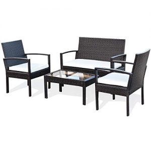 Tangkula 4 Piece Conversation Set, with Glass Coffee Table, Loveseat & 2 Single Chairs, Patio Outdoor Garden Lawn Rattan Wicker Chat Set, Outdoor Furniture Set for Small Places (Dark-Brown)