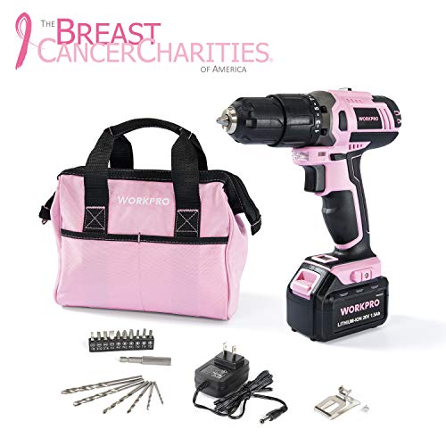 WORKPRO Pink Cordless 20V Lithium-ion Drill Driver Set (1.5Ah),1 Battery, Charger and Storage Bag Included