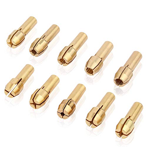 SUKEO Brass Collet Mini Electric Grinder Quick Change Drill Chuck Bit Sets 0.5-3.2mm (1/64 Inch to 1/8 Inch) Shank Diameter 4.3mm / 0.17'' for Rotary Tools (Pack of 10pcs)