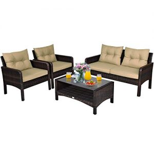 Tangkula 4 Pcs Wicker Patio Furniture Set, Outdoor Conversation Set with Tempered Glass Top Table, Sectional Wicker Sofa Set with Cushions, Bistro Sets with Coffee Table for Courtyard Balcony (Brown)