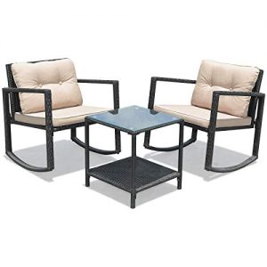 BestComfort 3 Pieces Rocking Bistro Sets, Wicker Patio Furniture Sets,Wicker Chairs with Tempered Glass Table