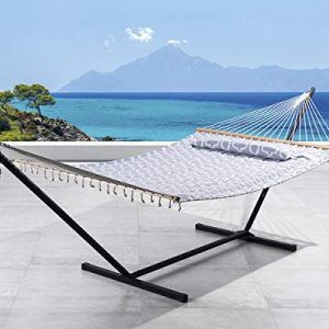 SUNCREAT Double Hammock, Extra Large Quilted Fabric Swing with Thick Hardwood Spreader Bars & Detachable Pillow, Heavy Duty, Perfect for Indoor/Outdoor Patio, Deck, Yard (12 FT Steel Stand Included)