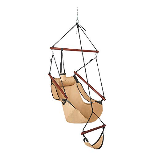 ONCLOUD Upgraded Unique Hammock Sky Chair, Air Deluxe Hanging Swing Seat with Rope Through The Bars Safer Relax with Drink Holder & Fuller Pillow Solid Wood Indoor Outdoor Patio Yard 250LBS (Tan)