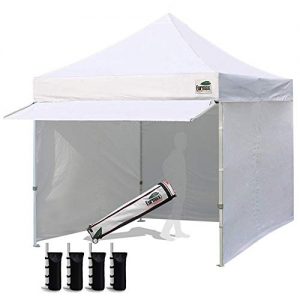Eurmax 10 x 10 Pop up Canopy Commercial Tent Outdoor Party Canopies with 4 Removable Zippered Sidewalls and Roller Bag Bonus 4 Canopy Sand Bags & 24 Squre Ft Extended Awning(White)