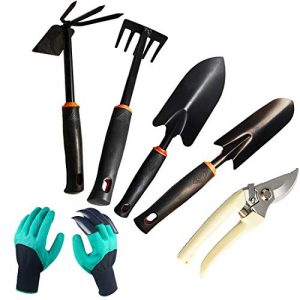 Evealyn Garden Tools Set with Garden Gloves,Soft Rubberized Non-Slip Handle Stainless Steel Gardening Work Transplanter Weeding Scarifying Pruning Digging Outdoor Equipment Kits 6 Piece (Black)