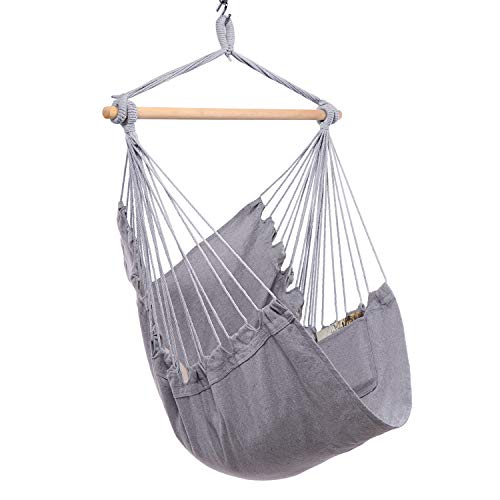 Y- STOP Hammock Chair Hanging Rope Swing - Max 330 Lbs - Quality Cotton Weave for Superior Comfort & Durability (Light Grey)