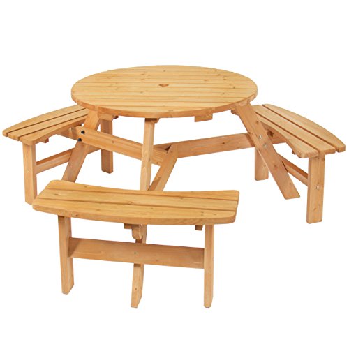 Best Choice Products 6-Person Circular Outdoor Wooden Picnic Table w/ 3 Built-in Benches, Umbrella Hole - Natural