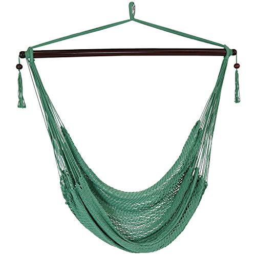 Sunnydaze Hanging Caribbean XL Hammock Chair - Modern Boho-Style Soft-Spun Polyester Rope Hammock Chair Swing - Jungle Green - Ideal for Yard, Balcony, Garden and Other Outdoor Living Spaces