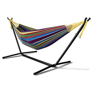 MKLEKYY Double Cotton Hammock with Space Saving 9ft Steel Stand, Heavy Duty Portable Combo for Indoor Outdoor Backyard Patio Camping, 2 Person Frame 450 lb Capacity, Storage Bag Included (Tropical)