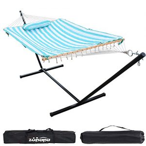 Zupapa Cotton Rope Pad Hammock with Stand 400lbs Capacity, Indoor Outdoor Use 12 Feet Hammock Stand Spreader Bar Hammock Pad and Pillow Combo 2 Storage Bags Included (Cyan Stripe)