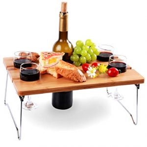 Portable and Foldable Wine and Snack Table for Picnic Outdoor on The Beach Park or Indoor Bed for 2 or 4 - Best Gift for Father Mother