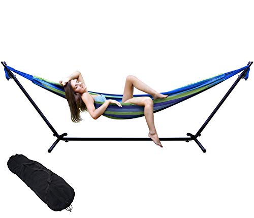 Double Hammock Two Person Adjustable Hammock Bed with Space Saving Steel Stand Includes Portable Carrying Case, Easy Set Up (Blue/Green)