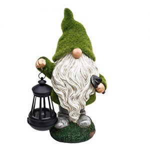 TERESA'S COLLECTIONS Flocked Garden Gnome Statue, Large Outdoor Gnome with Solar Lights, Funny Garden Figurines for Outdoor Home Yard Decor (13 Inch Tall)