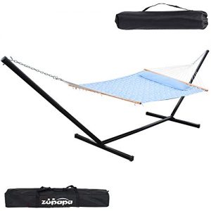 Zupapa 15 Feet Hammock with Stand Heavy Duty 550 Pounds Capacity with Spreader Bars and Pillow, 2 Person Double Hammock for Indoor Outdoor Use, 2 Storage Bags Included (Coconut Tree Blue)