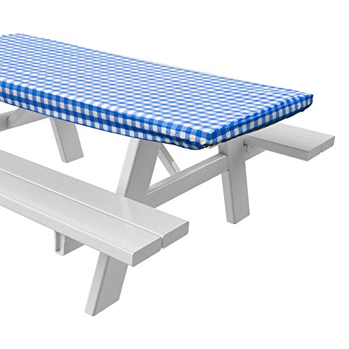 Sorefy Vinyl Picnic Table Fitted Tablecloth Cover, Checkered Design, Flannel Backed Lining, 28 x 72 Inch (72", Blue)