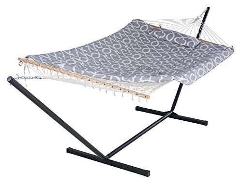 SUNCREAT Cotton Rope Hammock for Two People with Thick Hardwood Spreader Bars, Quilted Fabric Pad & Detachable Pillow, Extra Large Indoor/Outdoor Hammock with 12 FT Steel Stand, Ipad Bag & Cup Holder