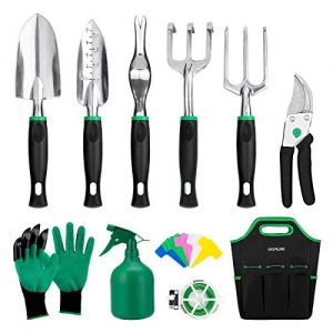 GIGALUMI Garden Tools Set -11 Piece Heavy Duty Gardening Tools with Garden Gloves and Garden Handbag - Aluminum Outdoor Hand Tools with Garden Trowel Pruners and More - Gardening Gifts for Woman
