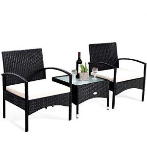 Tangkula 3 PCS Patio Wicker Rattan Furniture Set, Rattan Chair with Coffee Table, High Load Bearing Chair Conversation Sets for Patio Garden Lawn Backyard Pool (Black)