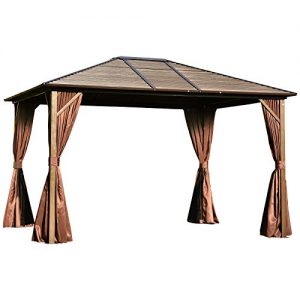Outsunny 12’ x 10’ Steel Hardtop Canopy Gazebo with Fully Enclosed Zippered Curtains & Roomy Comfortable Interior, Brown