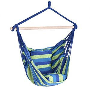 Giantex Hammock Swing, Hanging Rope Hammock Chair with 2 Cushions for Patio Porch Yard Tree C Hammock Stand, Cotton Hanging Air Swing (1, Green and Blue Multicolor Stripes)