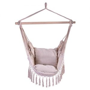 Hammock Chair Swing with 2 Cushions, Mosunx Hanging Rope Tassel Hammock Chair Swing Seat for Any Indoor or Outdoor Spaces, Max.300 Lbs (White, 39.4x51.2'')