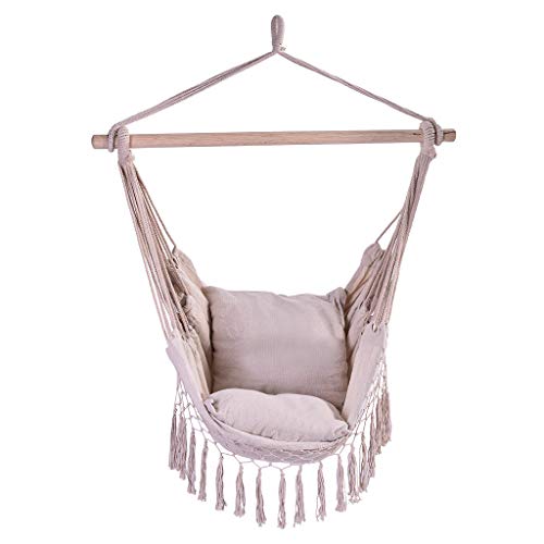 Hammock Chair Swing with 2 Cushions, Mosunx Hanging Rope Tassel Hammock Chair Swing Seat for Any Indoor or Outdoor Spaces, Max.300 Lbs (White, 39.4x51.2'')