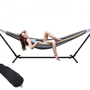 Hammock with Stand, Premium Cotton Hammock with Space Saving Steel Stand, Patio, Tree, Outdoor Hammock Portable Carrying Bag Included (Desert White)