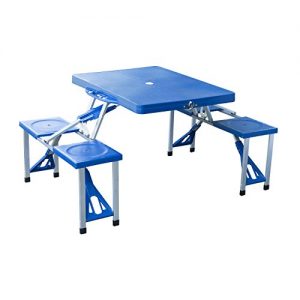 Outsunny Portable Foldable Camping Picnic Table with Seats Chairs and Umbrella Hole, 4-Person Fold Up Travel Picnic Table, Blue