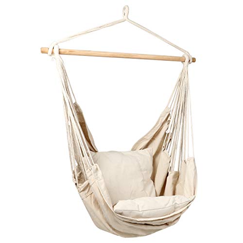 E EVERKING Hanging Rope Hammock Chair Swing Seat with Two Seat Cushions and Carrying Bag, Cotton Weave Porch Swing Chair for Indoor, Outdoor, Garden, Patio, Porch, Yard, Max 265 Lbs