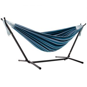 Vivere Double Cotton Hammock with Space Saving Steel Stand, Blue Lagoon (450 lb Capacity - Premium Carry Bag Included)