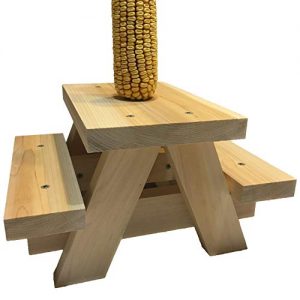 Squirrel Picnic Table Feeder - Large Squirrel Feeders for Outside Corn Cob Holders, Fun Hanging Mini Picnic Table for Squirrels, Wooden Platform Bench Made with Natural Resistant Cedar Wood Tree Mount