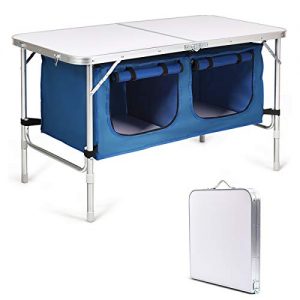 Goplus Outdoor Folding Table with Storage Organizer, 2-Level Adjustable Height, Aluminum Lightweight Portable Camping Foldable Picnic Table (Blue)