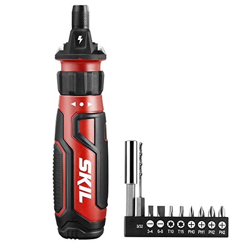 SKIL Rechargeable 4V Cordless Screwdriver with Circuit Sensor Technology, Includes 9pcs Bit, 1pc Bit Holder, USB Charging Cable - SD561201,Red