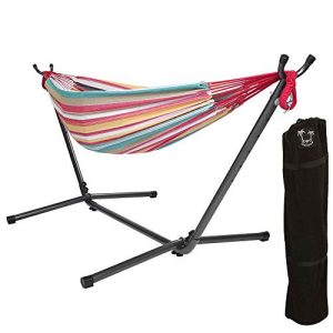 ONCLOUD Double Hammock with Stand 9 FT Space Saving, Hammock Stands Heavy Duty Includes Portable Carrying Case for Outdoor or Indoor (Red Yellow)