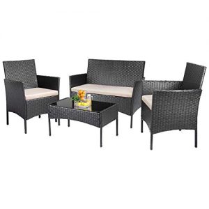 KaiMeng Patio Furniture Sets Outdoor 4 Pieces Indoor Use Conversation Sets Rattan Wicker Chair with Table Backyard Lawn Porch Garden Poolside Balcony Furniture (Black)