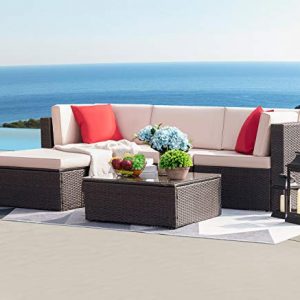 Devoko 5 Pieces Patio Furniture Sets All-Weather Outdoor Sectional Sofa Manual Weaving Wicker Rattan Patio Conversation Set with Cushion and Glass Table (Beige)