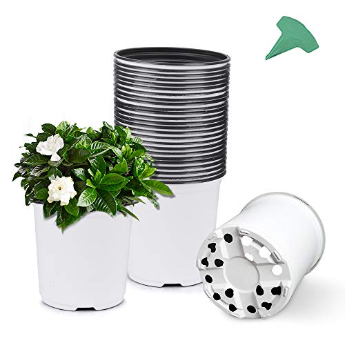 GROWNEER 48 Packs 0.7 Gallon White Flexible Nursery Pot Flower Pots with 15 Pcs Plant Labels, Plastic Plant Container Perfect for Indoor Outdoor Plants, Seedlings, Vegetables, Succulents and Cuttings