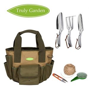 Truly Garden 2 Garden Tote and Gallon Bucket Organizer with Garden Tools. This makes the perfect Gardening Gift. It includes twine, scissors, seed dispenser, and 3 tough garden tools