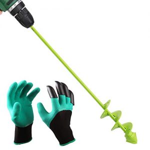 UGarden Bulb & Bedding Plant Auger, with Garden Genie Gloves, Garden Plant Flower Bulb Auger 2" x 16" Rapid Planter, Non-Slip Hex Drive fits Any 3/8-inch Drill. (3 Circles)
